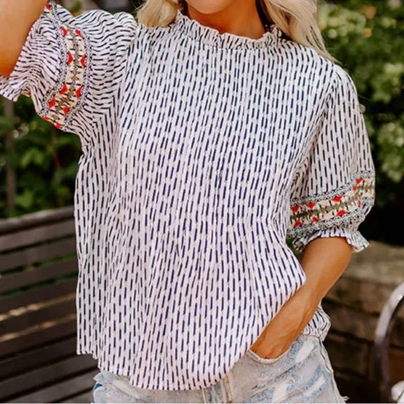 THML Boho Navy & White with embroidery on sleeve Women’s Blouse - Picture 1 of 7